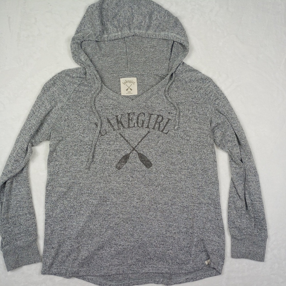 Lakegirl Womens Large Grey Heather knit Hooded Graphic Pullover Long Sleeve Top
